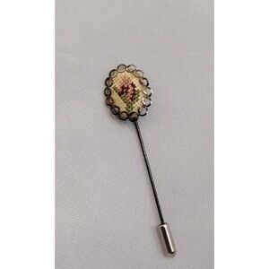 Vintage Floral Needlepoint Stick Pin Lapel Cross Stitch Scalloped Petit Point